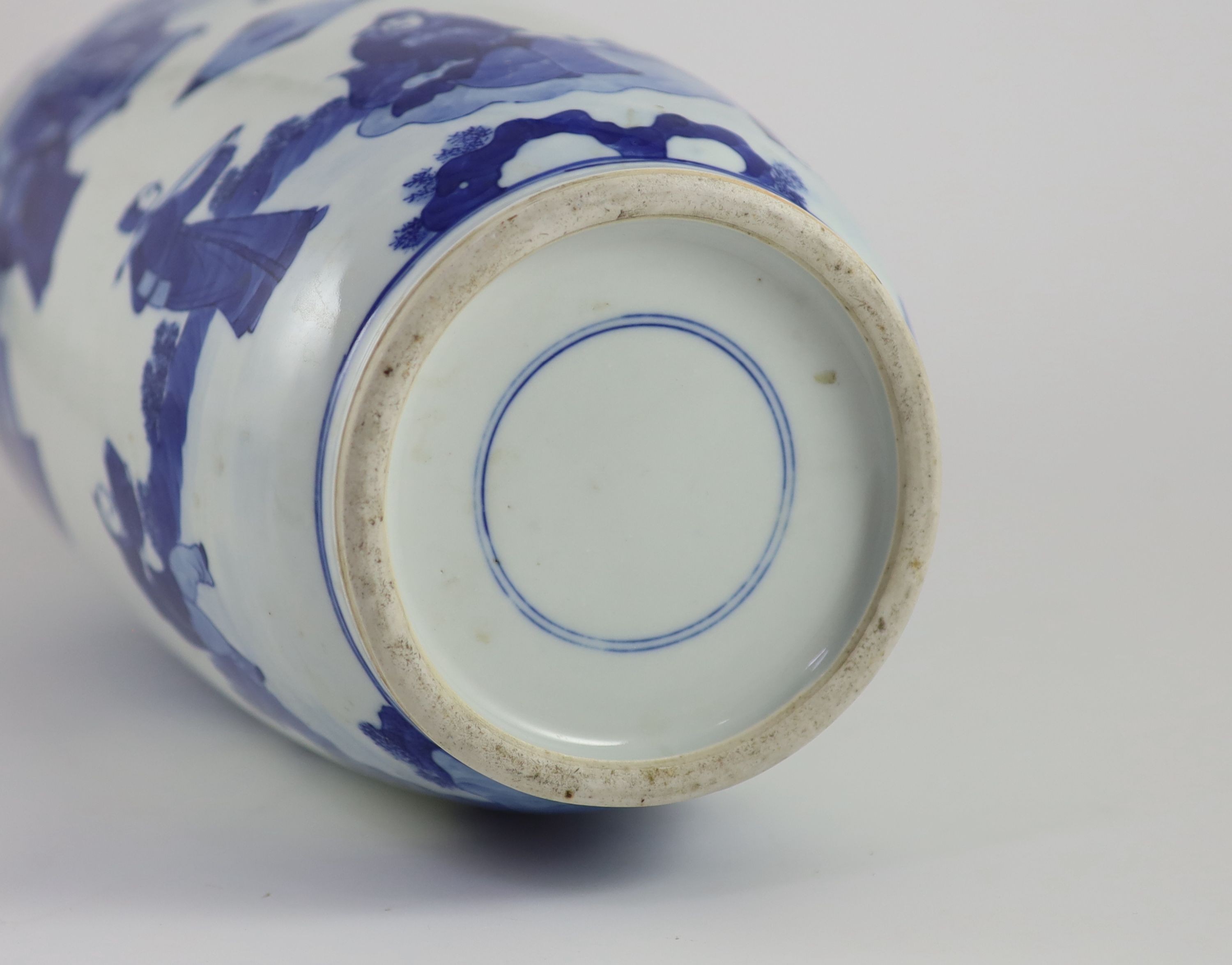 A Chinese blue and white rouleau vase, 19th century 44cm high, neck broken and restored